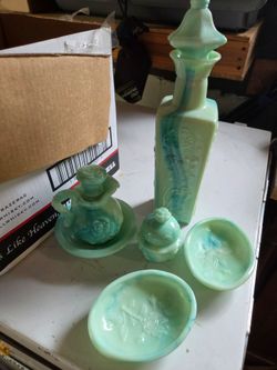 Vintage Avon Victorian Slag Glass Milk Glass Green Jade Vanity Set