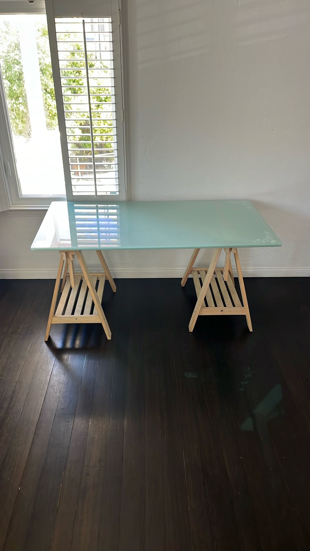 IKEA Glass Desk Top with Wodden Sawhorse Legs