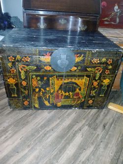 Antique Black Lacquered Handpainted Illustrated Chinese Trunk