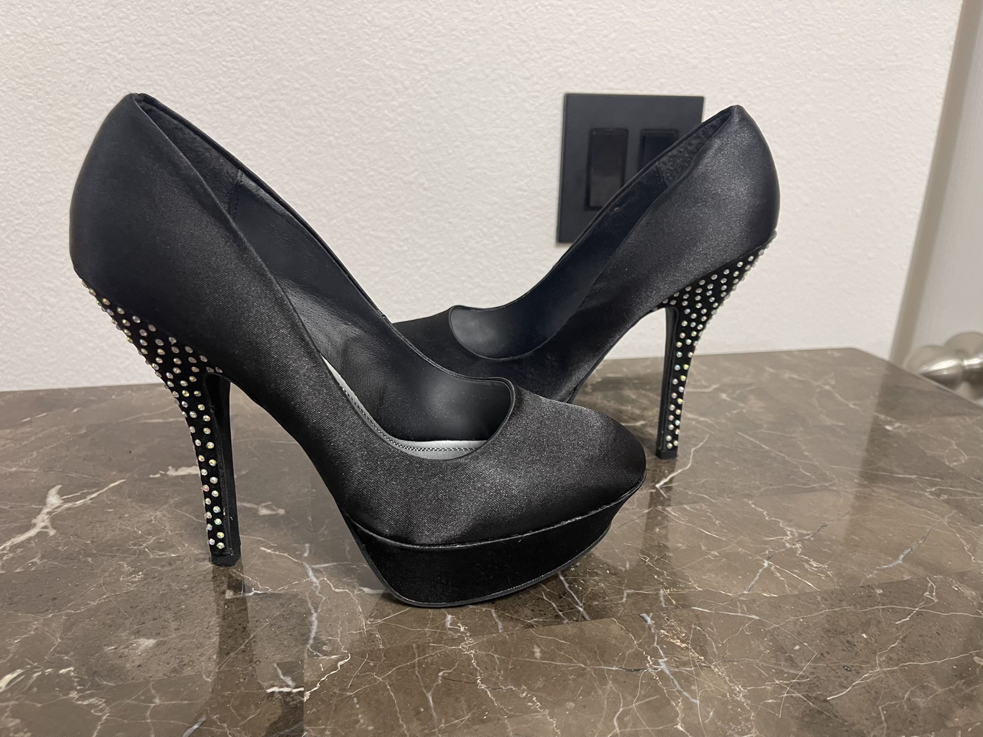 Size 8, Silk Black Pumps with Rhinestones on Heels