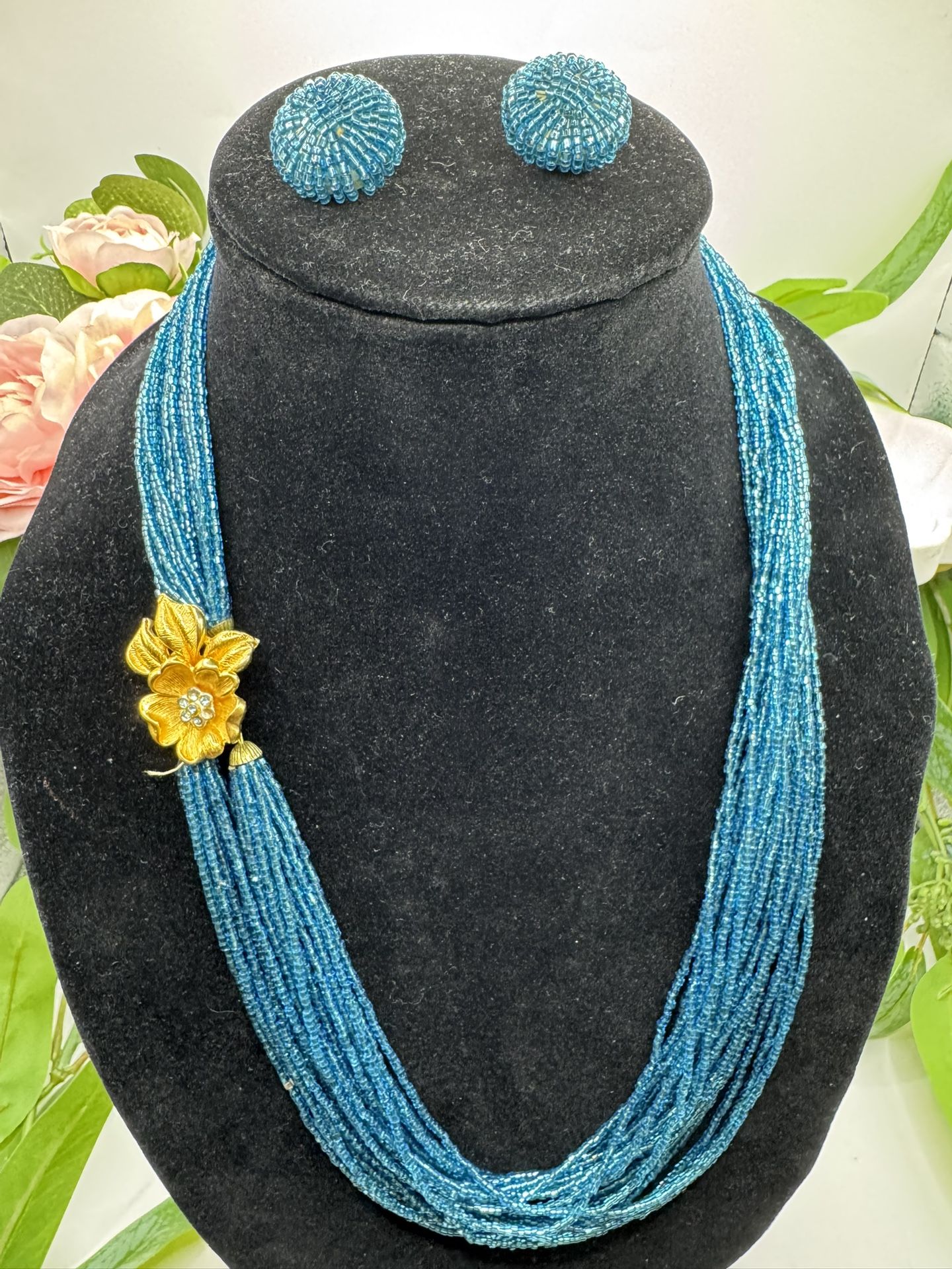 Vintage 1960’s Blue Beaded Torsade Necklace and Earring Set