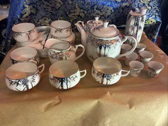 Vintage White Ceramic Silver Bamboo Tea Sake Set