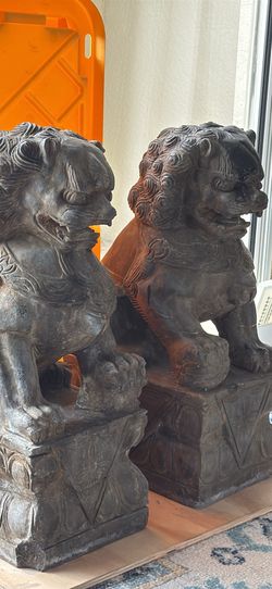 Antique Chinese Stone Foo Dog Guardian Lions – Hand Carved Pair – 23” Tall - 12 inch X 9 inch base