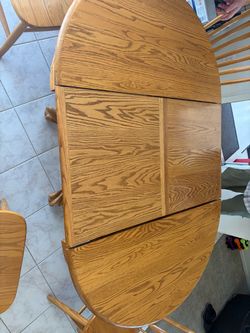 Vintage Solid Golden Oak Pedestal Dining Table Set - Hidden Extension Leaf
