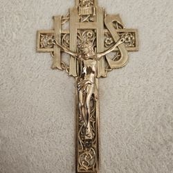 Vintage Gold Tone Metal (Pewter or Brass)  IHS Crucifix Wall Hanging Cross, 9 1/2” as pictured. 