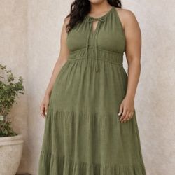 Old Navy Crinkle Gauze Tiered Maxi Dress Olive Green Tie Neck Cotton Boho size large used  