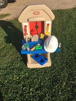 Tool bench with tool box hard hat and tools