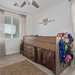Children’s Twin Bed Set With Storage, Shelf & 3 drawer Dresser