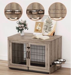 Piskyet Wooden Dog Crate Furniture with 360°Rotatable Removable Dog Bowls