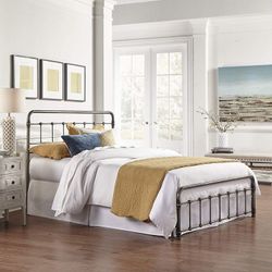 TWIN - Fashion Bed Group Fremont Metal SNAP Bed with Folding Frame Bedding Support System and Rounded Edge Panels, Weathered Nickel Finish