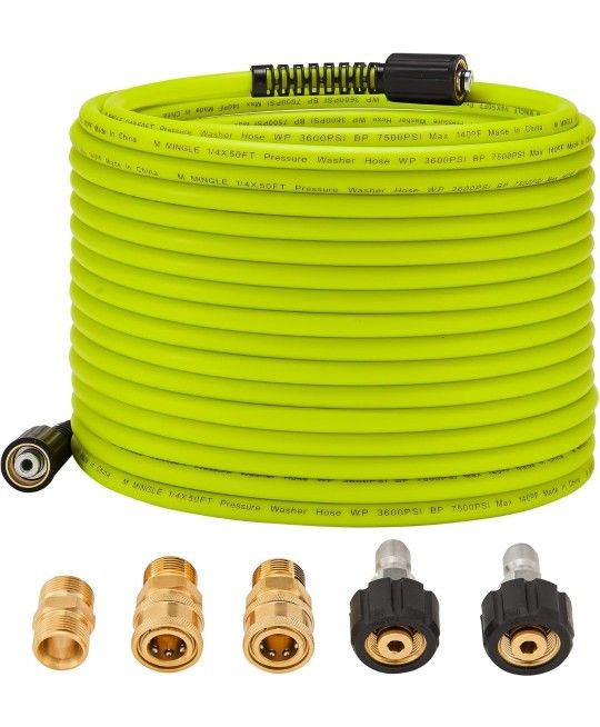 M MINGLE Pressure Washer Hose 50 FT x 1/4" - Replacement Power Wash Hose with Quick Connect Kits - High Pressure Hose with M22 14mm Fittings - 3600PSI