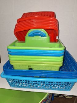 7 rectangle caddys, 5 blue storage  baskets, 6 red storage baskets , great for the classroom