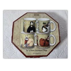 Sakura Fiddlestix Holiday Cats 4 Mugs & Box Christmas Coffee Tea Hot Chocolate   In great preowned condition! Measurements included in detailed pics! 