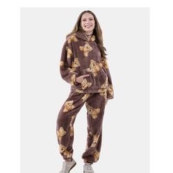 Pajama Bear Print Plush Hoodie And Jogger Set Size Small.   (AB)