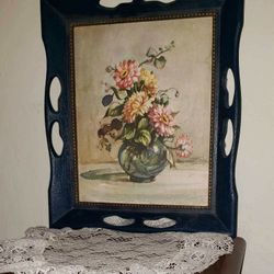VINTAGE WOODEN NAVY BLUE FRAMED COUNTESS ZICHY FLORAL FLOWER ROSE BOUQUET PICTURE WALL ART DECOR PLAQUE