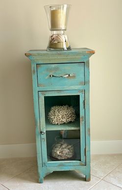 32”H Coastal Farmhouse Turquoise Wood 2-Shelf Cabinet with Drawer