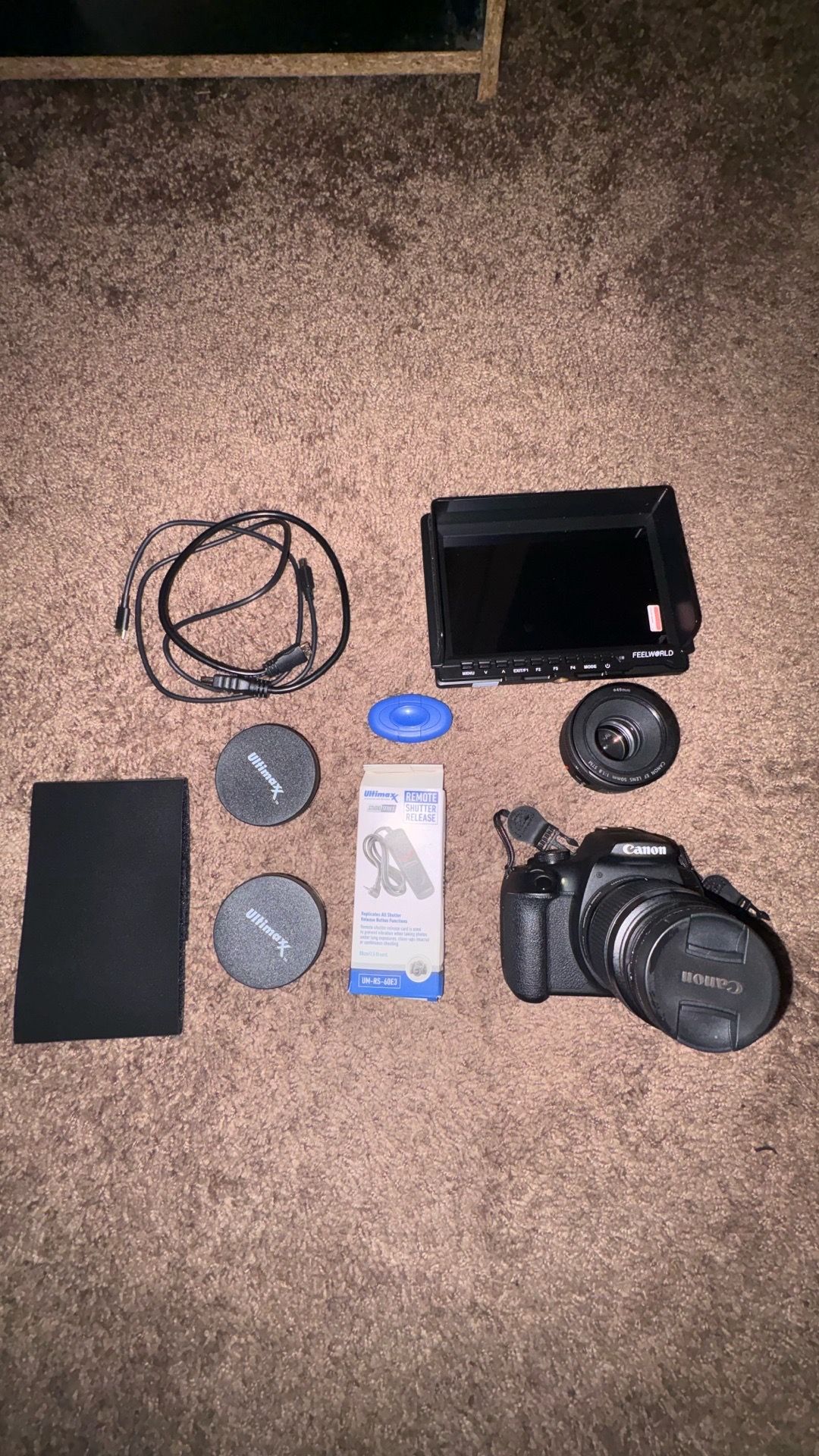 Canon EOS Rebel T7 Bundle w/ Lenses, FEELWORLD Monitor & C Shape Stabilizer