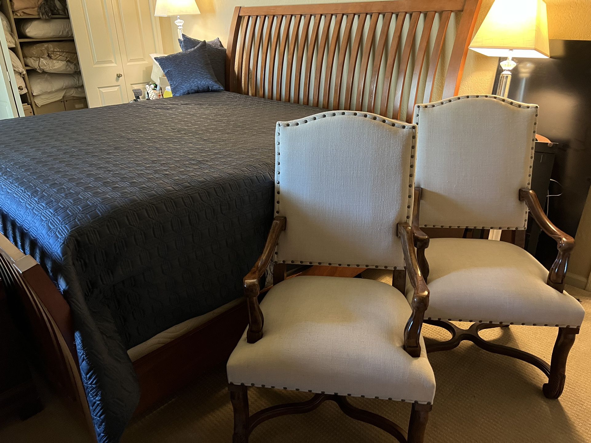 King Size Wooden Bed Frame & Chairs (2)