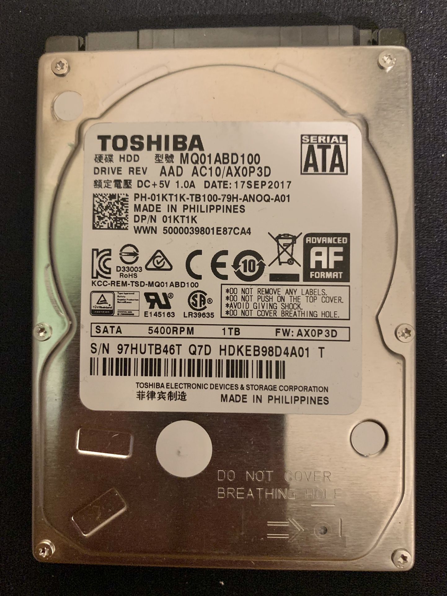 Toshiba 1TB 2.5" Laptop Hard Drive | 5400RPM | MQ01ABD100