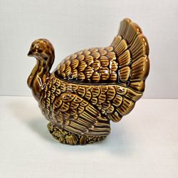 Vintage Ceramic Thanksgiving Day Turkey Candy Dish Centerpiece w/Lid 7" Tall