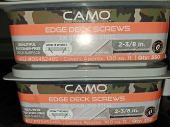 CAMO Edge Deck Screws (Model #0345228S) made of 316 Stainless Steel.Each container holds 350 screws, which are 2 3/8 inches long.
