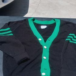 Vintage 50s 60s Athletic Knitwear Distressed Thrashed Varsity Letterman Cardigan Sweater 38 Blk & Green