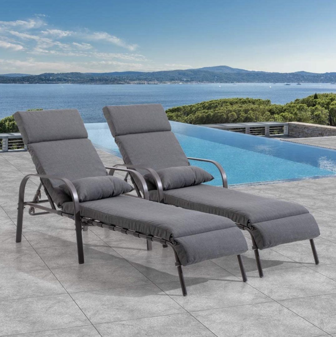 News Set Of 2 Outdoor Patio Lounge Chairs Pool Chaise With Cushion 