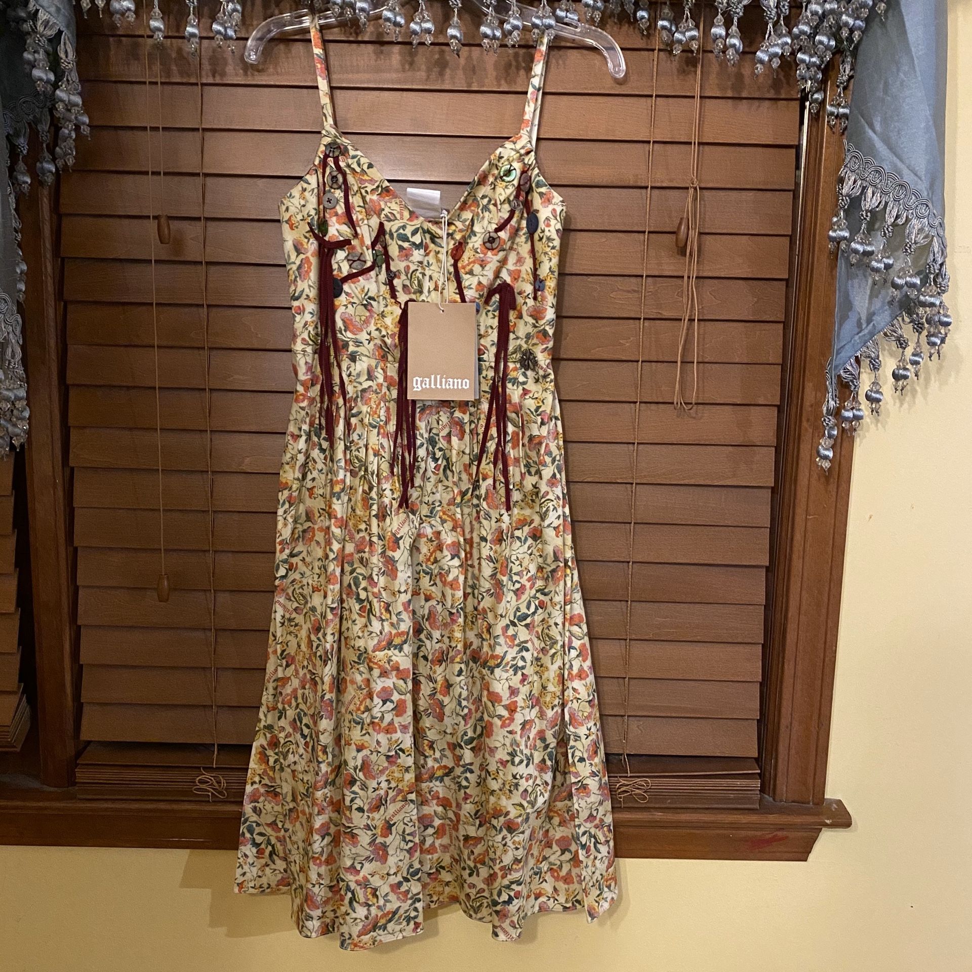 NWT $850 John Galliano Vintage Yellow Floral Tasseled Dress 38