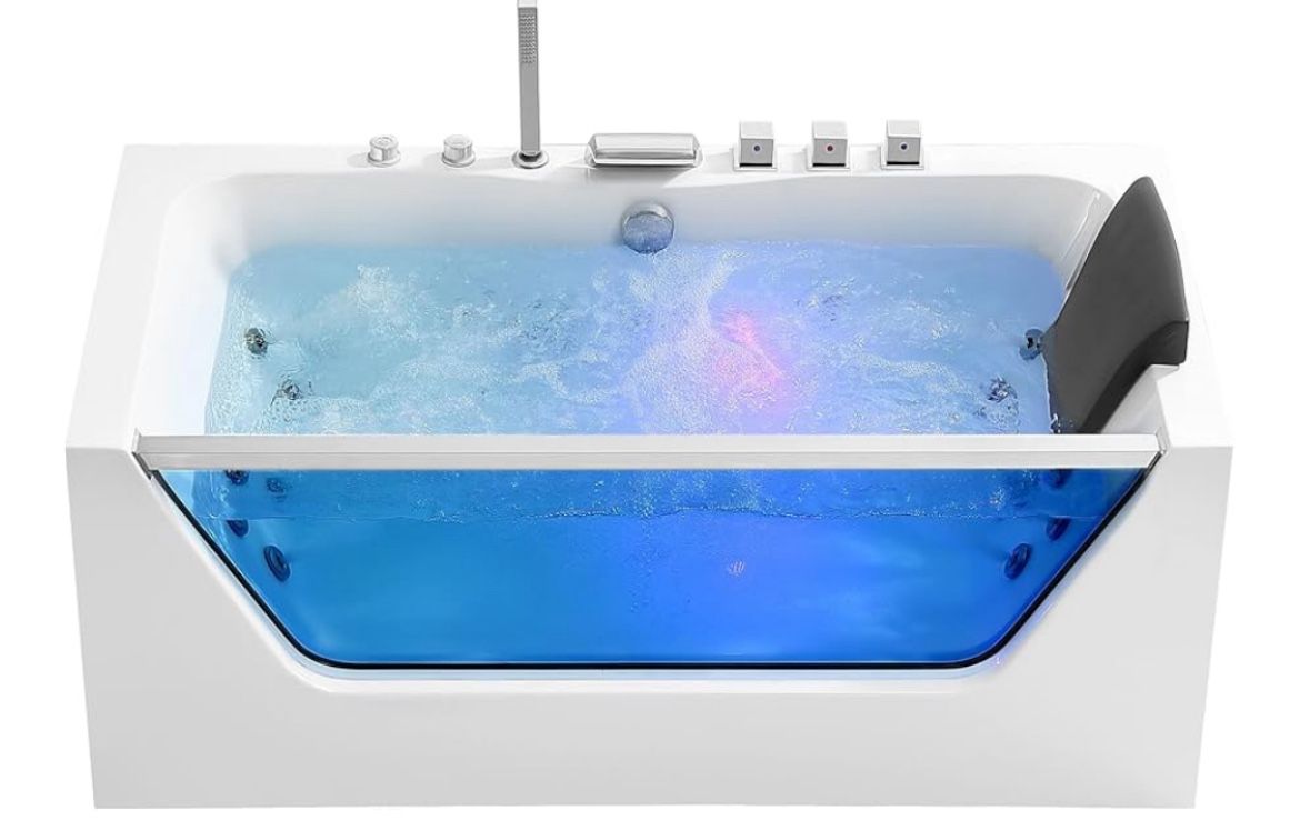 Empava 59 in. Acrylic Alcove Whirlpool Bathtub - Hydromassage Rectangular Jetted Soaking Tub with Center Drain - Waterfall Faucet