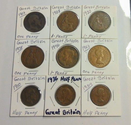 Lot of (9) Great Britain One and Half Penny Coins for Collecting