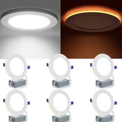 Meconard 6 Pack 6 Inch 5CCT LED Recessed Lighting with Night Light, 2700K/3000K/3500K/4000K/5000K Selectable Ultra-Thin LED Recessed Ceiling Lights, 1