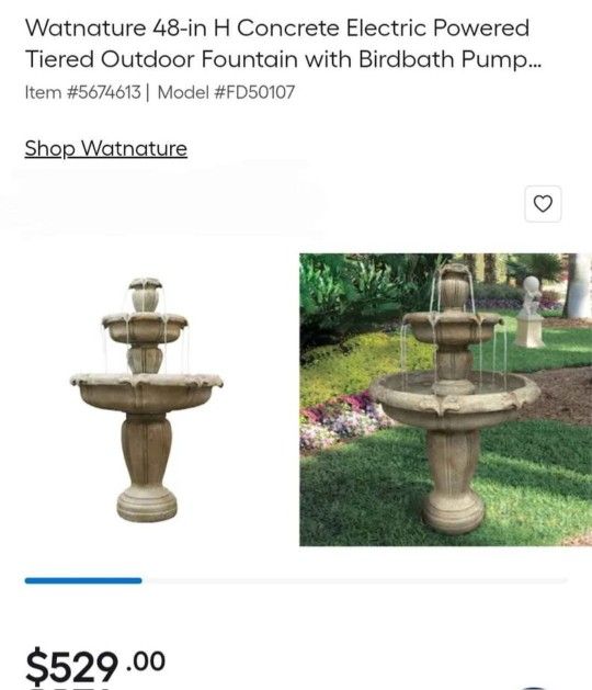 Watnature 48-in H Concrete Electric Powered Tiered Outdoor Fountain with Birdbath Pump...