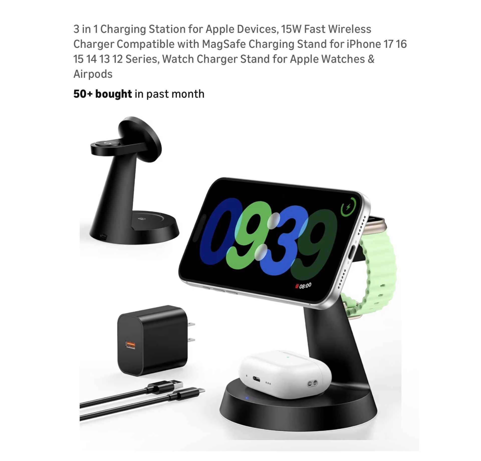 Brand new 3 in 1 Charging Station for Apple Devices, 15W Fast Wireless Charger Compatible with MagSafe Charging Stand for iPhone 17 16 15 14 13 12 Ser