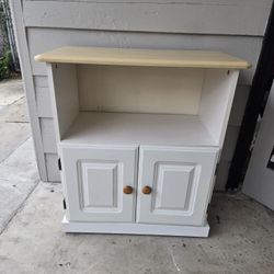 Small White and Wood Rolling Cabinet Cart 
