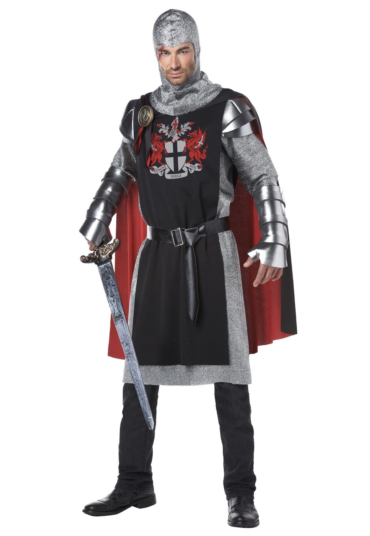 Knight Costume with Red Cape and Silver Armor