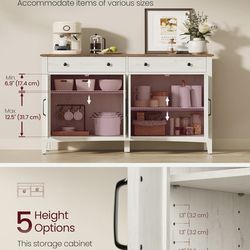 Buffet Cabinet, Coffee Bar Cabinet with 2 Drawers, Adjustable Shelves, Sideboard Storage with Cable Holes, Drawer Dividers, Rustic White and Honey Bro