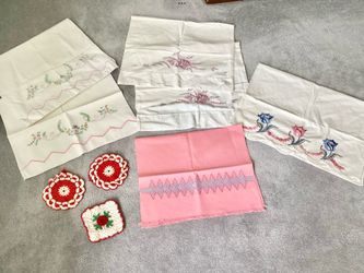Group of 8 Embroidered/ Crocheted Kitchen Textiles - Pillowcases