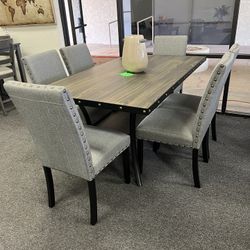 Dining Table And 6 Grey Linen Chairs 