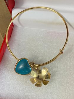 Pulsera aro gold filled fije hoja trébol y corazón piedra turquesa joyería antigua