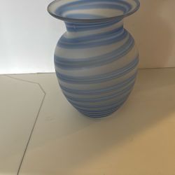 Vintage Hand blown Cobalt Blue Frosted Swirled Striped Vase.  Art Deco Style