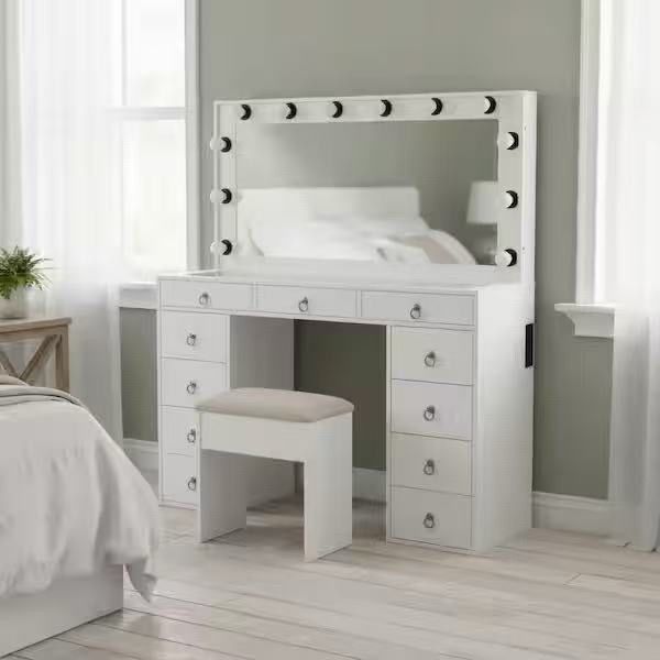 11-Drawer Cloud White Makeup Vanity Set with Stool