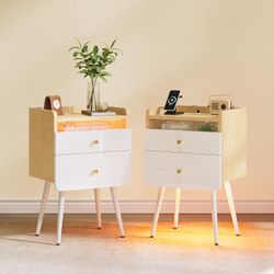 Nightstands Set of 2, Night Stand with Charging Station and Led Lights, Bedside Tables with 2 Drawers, End Table with Storage for Bedroom, Natural Whi