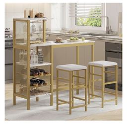 VECELO Bar Table and Chairs Set for 2, Gold