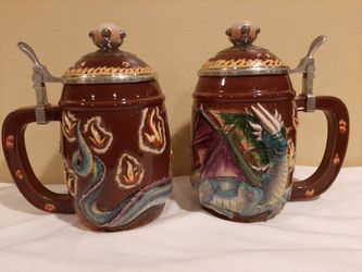 Set of 2~3D Dragon Steins w lids~Spencers Gifts Orginal 2003~Fantasy stein mugs