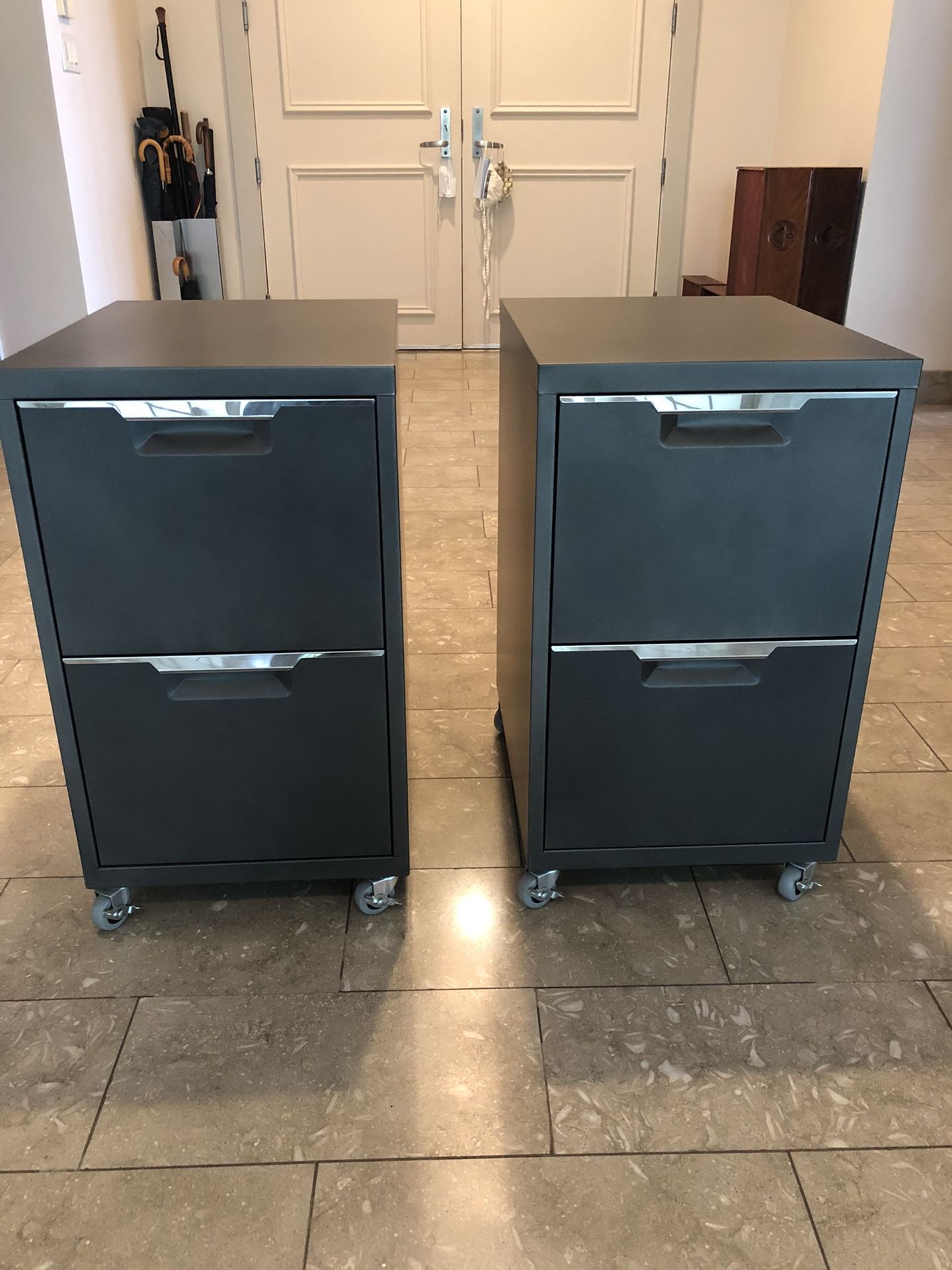 Container Store Grey Metal File cabinets .