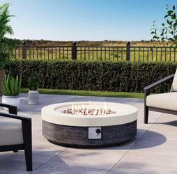 COSIEST 42" Outdoor Propane Fire Pit Table Round Gas Fire Pit Table with Concrete & Wood Grain Design, 50000BTU Electronic Ignition Fire Tables for Pa