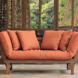 Solid Wood Futon Sofa Daybed w/ Thick Orange Mattress & 6 Pillows - Like New! $350 · North Scottsdale