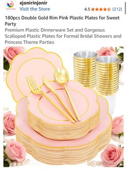 New 180 PCS double gold rim, pink plastic dinnerware set (30 people)
