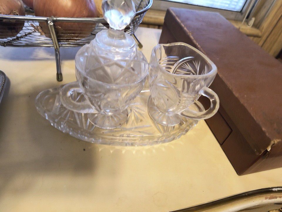 Vintage Glass Creamer Sugar Bowl & Tray Crystal Cut Pinwheel Design