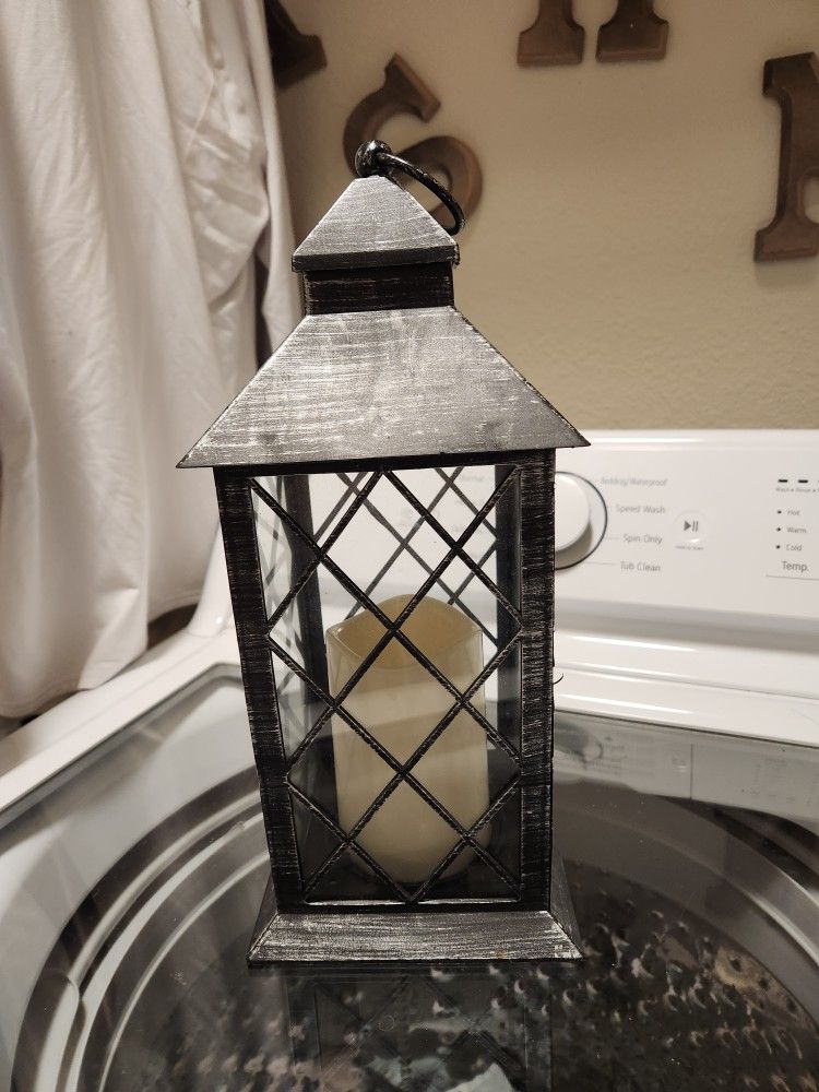 Vintage Candle Lantern With LED Candle, Distressed Silver, 6 Hour Timer